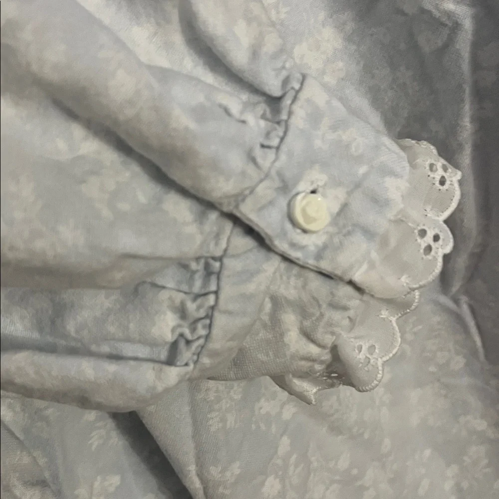 Lanz of Salzburg Cotton Flannel Nightgown Eyelet Trim Blue Floral Vintage M